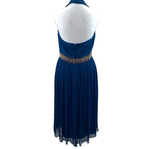 Maggy London Teal‎ Crepey 100% Silk Halter Midi Dress with Beaded Waist Sz 10 - Picture 2 of 8